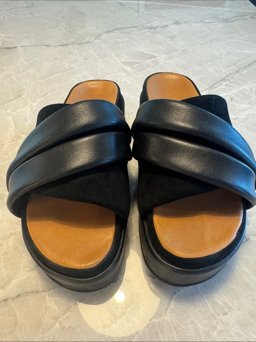 LDP black suede and leather platform slides